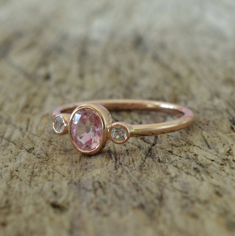 Delicate Rose Gold Peach Sapphire Ring, Pink Sapphire Diamond Ring, Rose Gold Engagement Ring